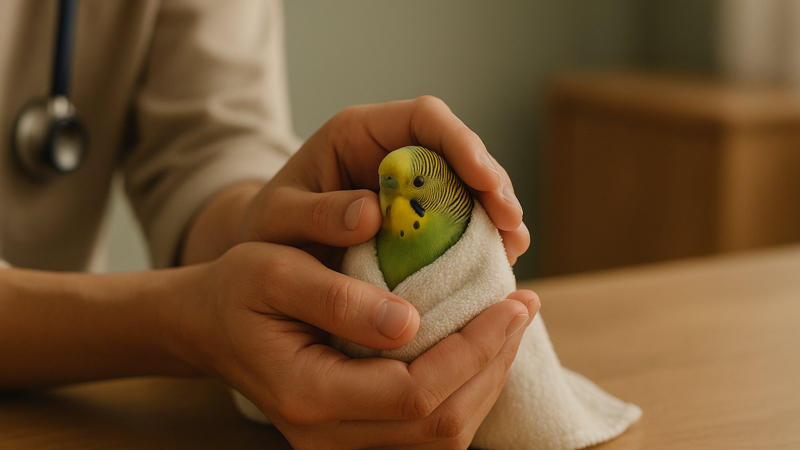 A vet's hands gently cupping a budgerigar wrapped softly in a small white towel