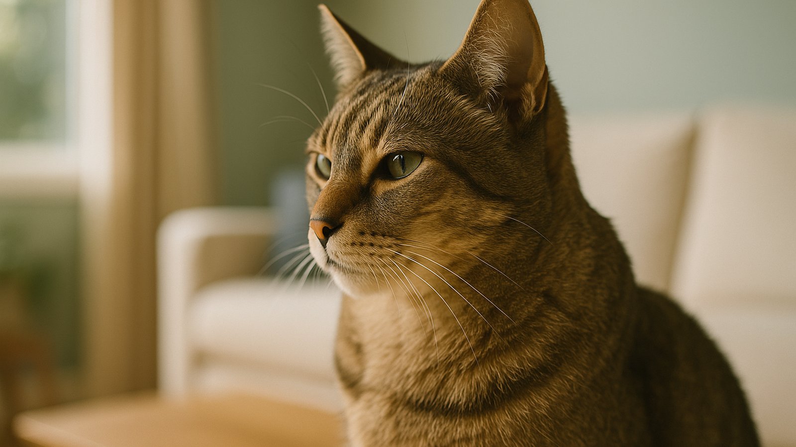 A profile portrait of a calm domestic shorthair cat in soft natural light