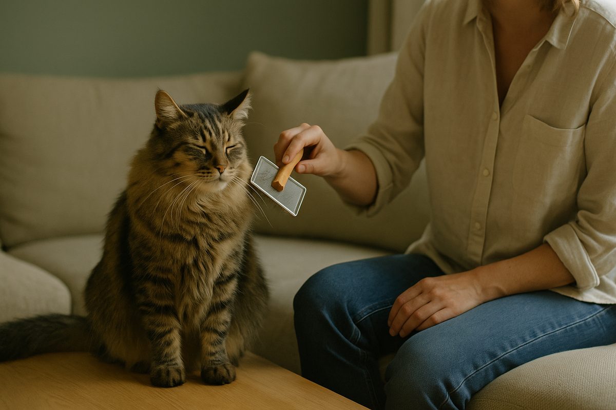 A long-haired tabby cat being gently brushed with a slicker brush by a person whose face is out of frame, soft daylight