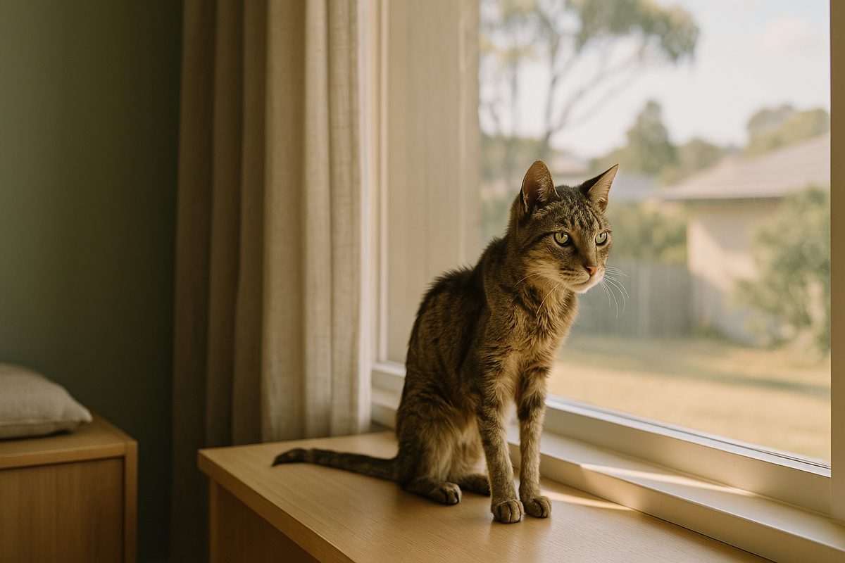 A senior tabby cat sitting on a sunlit windowsill, alert and curious, soft afternoon light