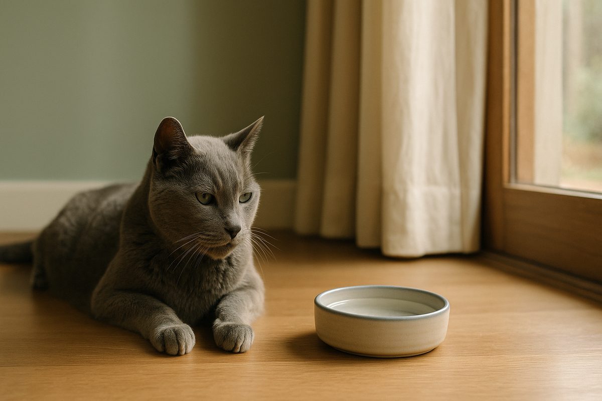 A senior Russian Blue cat lying calmly beside a small ceramic water bowl on a warm timber floor