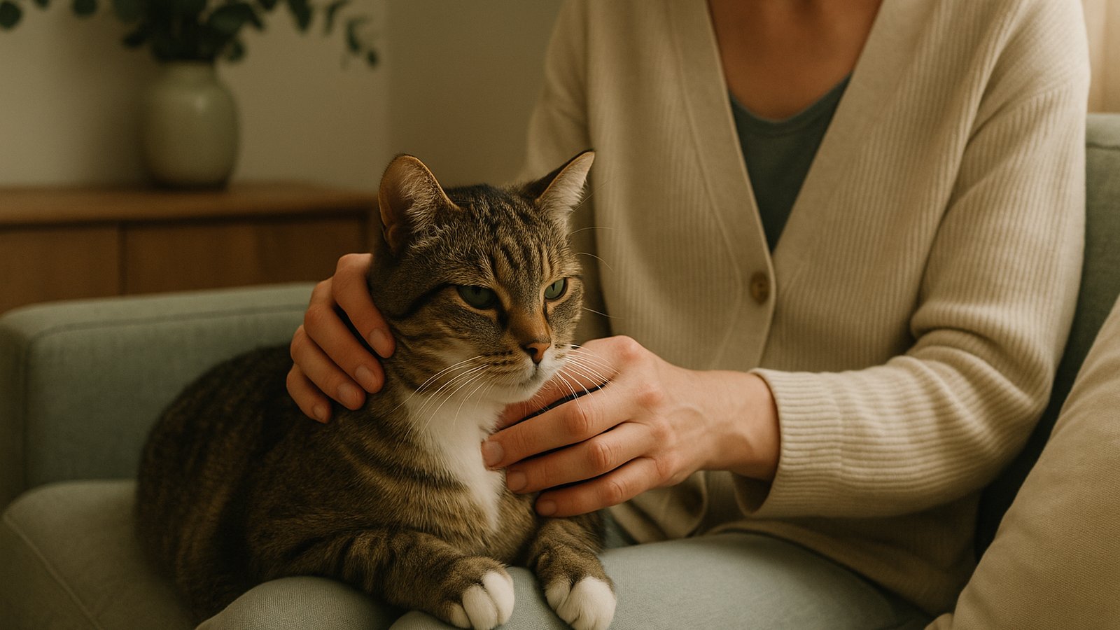 A person's hands gently stroking a calm cat sitting on a couch in soft warm light
