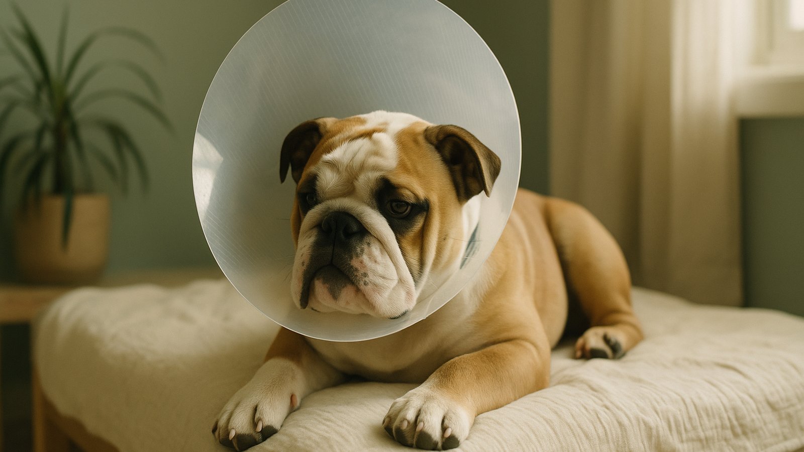 A young English Bulldog wearing a clear plastic recovery cone, lying calmly on a soft cream blanket