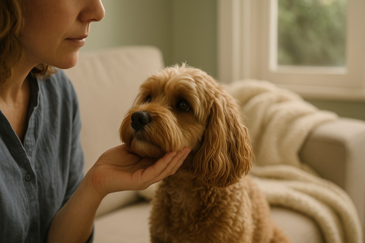 A relaxed Cavoodle resting their chin on a person's hand, soft window light, warm cream blanket in soft focus