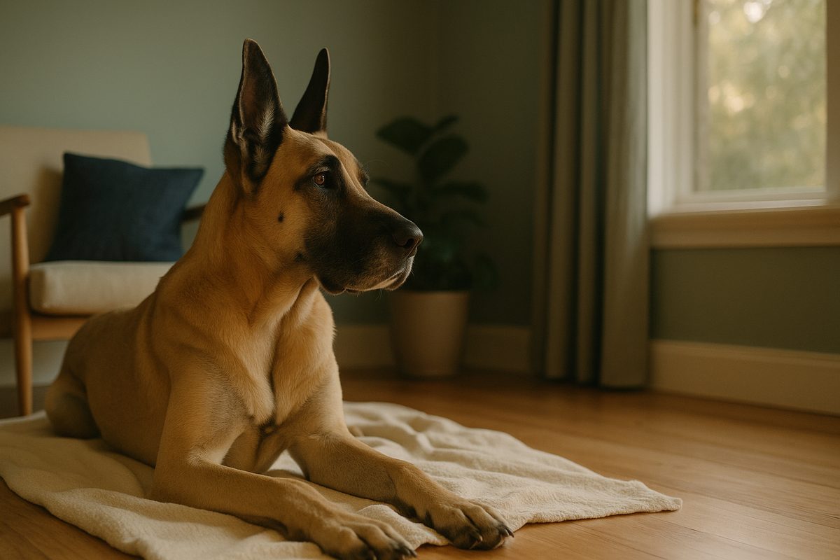 A calm Great Dane lying on a soft cream blanket on a wooden floor, head slightly raised, soft late-afternoon light