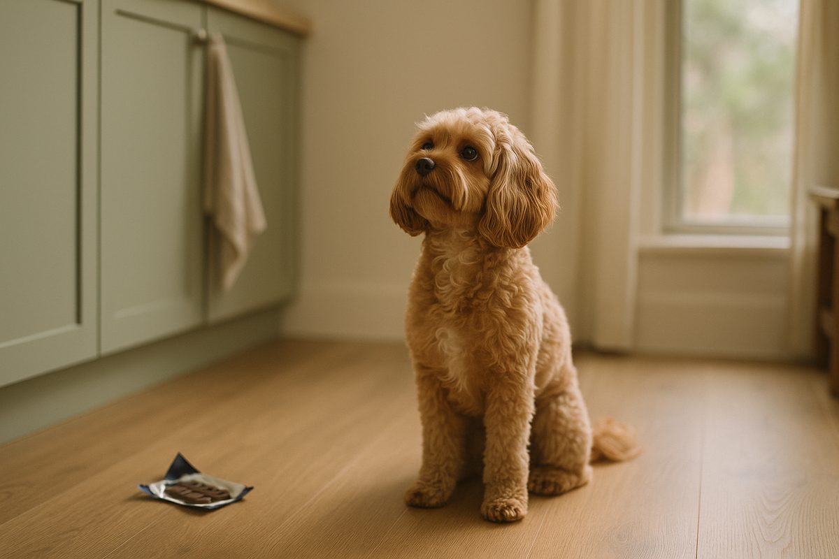 A small Cavoodle on a wooden kitchen floor with a fallen chocolate wrapper visible in soft focus nearby