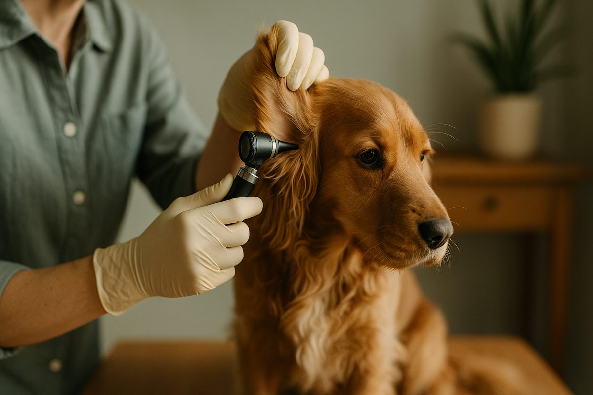 A vet's gloved hands gently lifting the ear of a calm Cocker Spaniel to inspect with a small otoscope