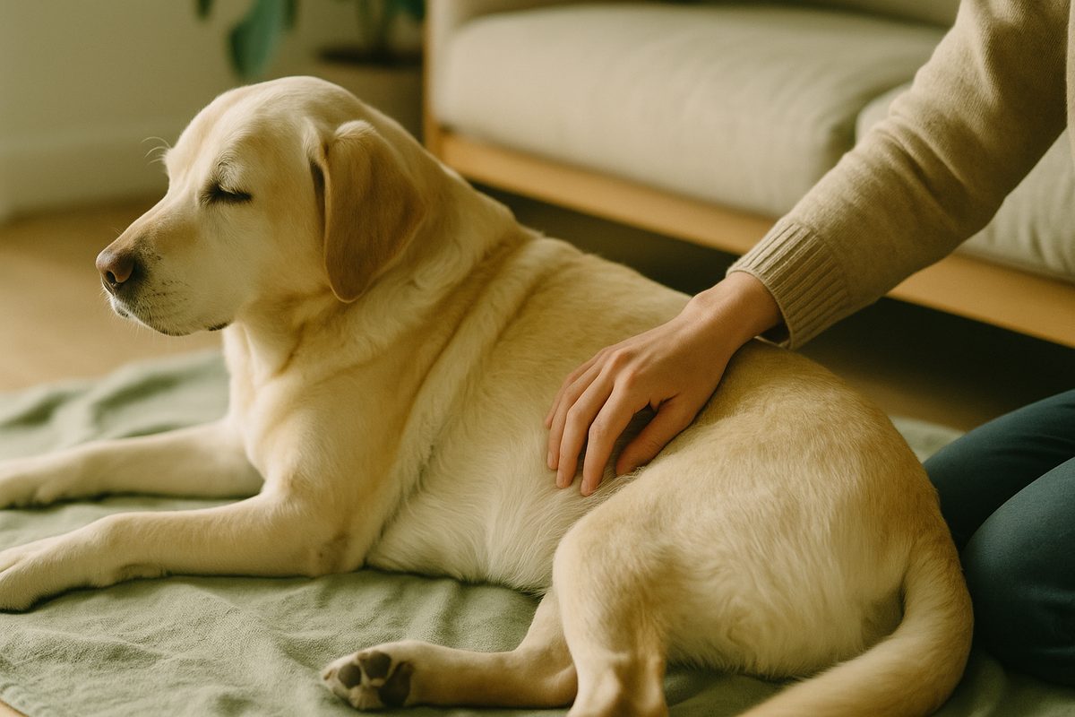 A person's hand gently parting the fur on a calm older Labrador's flank, checking the skin in soft natural daylight