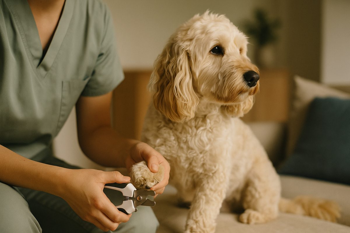 A vet nurse's hands gently holding a calm Spoodle's paw with a pair of clean nail clippers in soft daylight