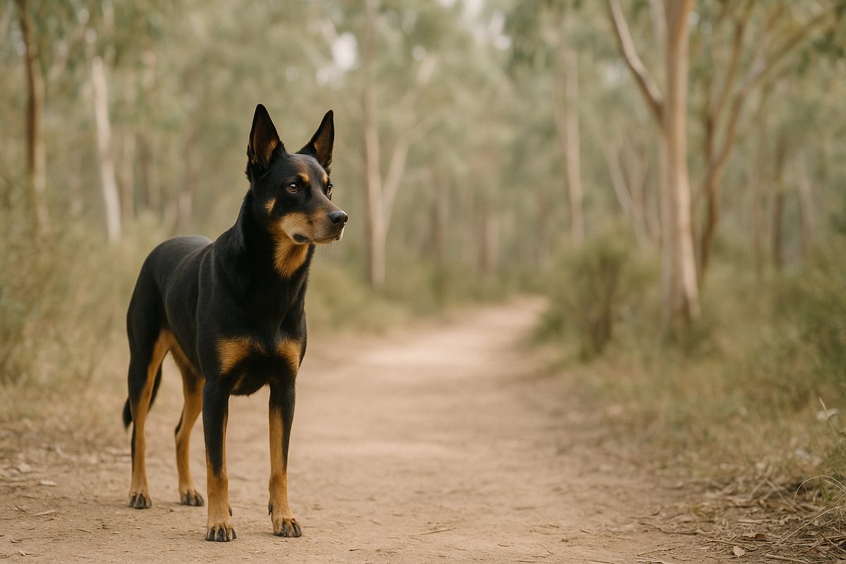An Australian Kelpie standing alert on a sun-dappled bush track, eucalyptus trees in soft focus