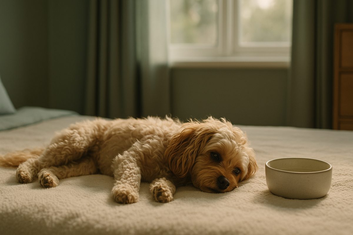 A small Cavoodle lying on its side on a soft cream blanket beside a small water bowl, looking subdued
