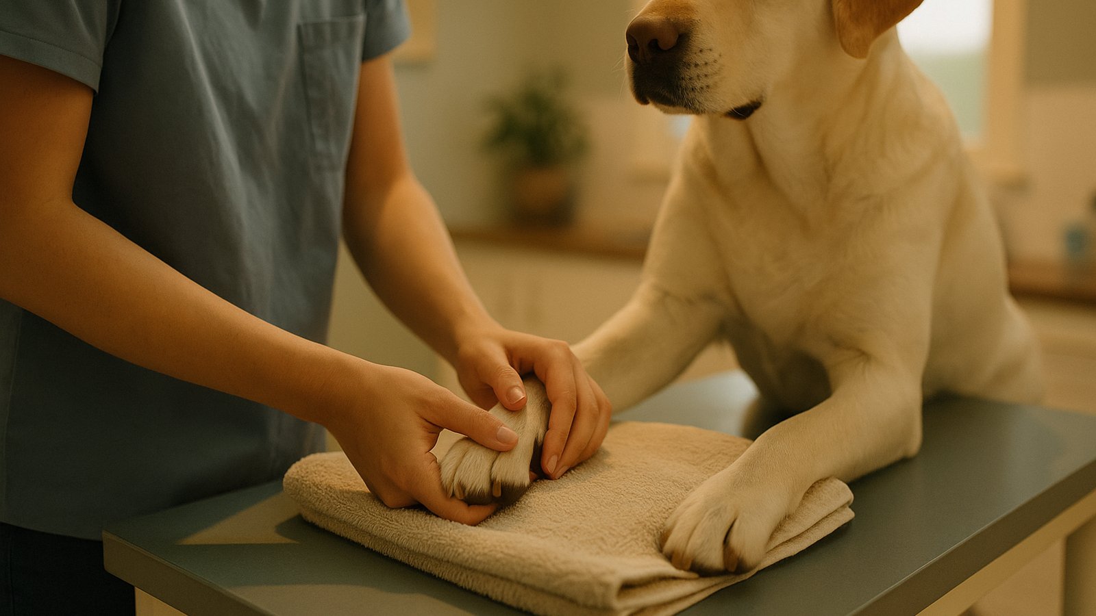 A vet nurse's hands gently placing a Labrador's paw on a folded towel on an exam table