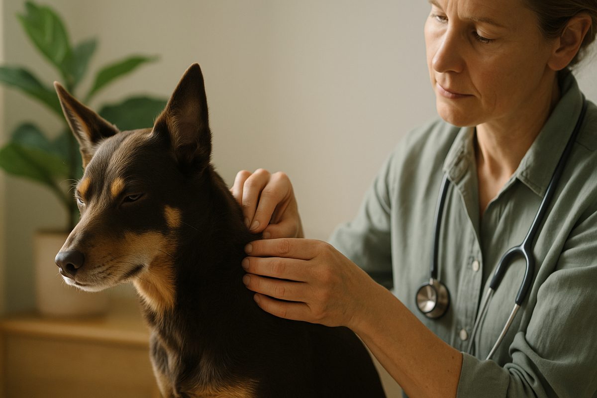 A vet's hands gently parting the fur on a calm Kelpie's neck, checking for ticks in soft natural light