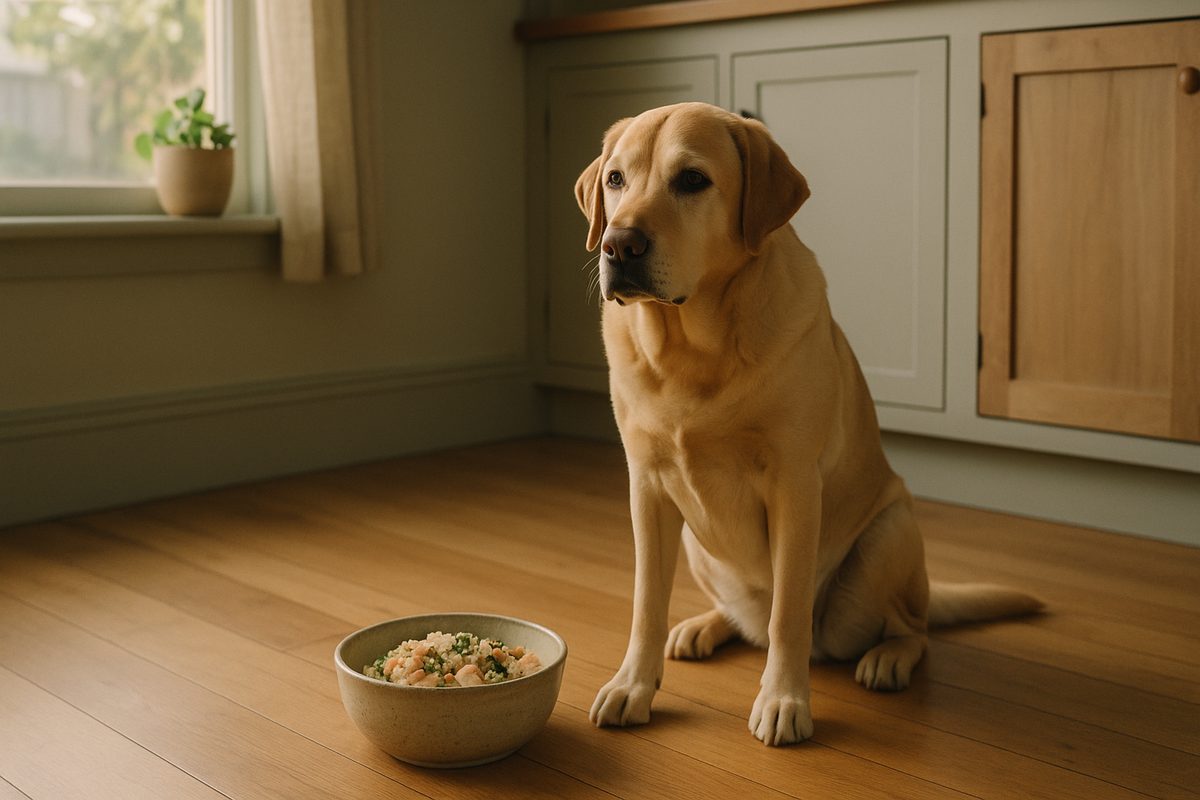 A calm Labrador beside a worn ceramic bowl of chicken, brown rice and chopped vegetables on a warm timber kitchen floor
