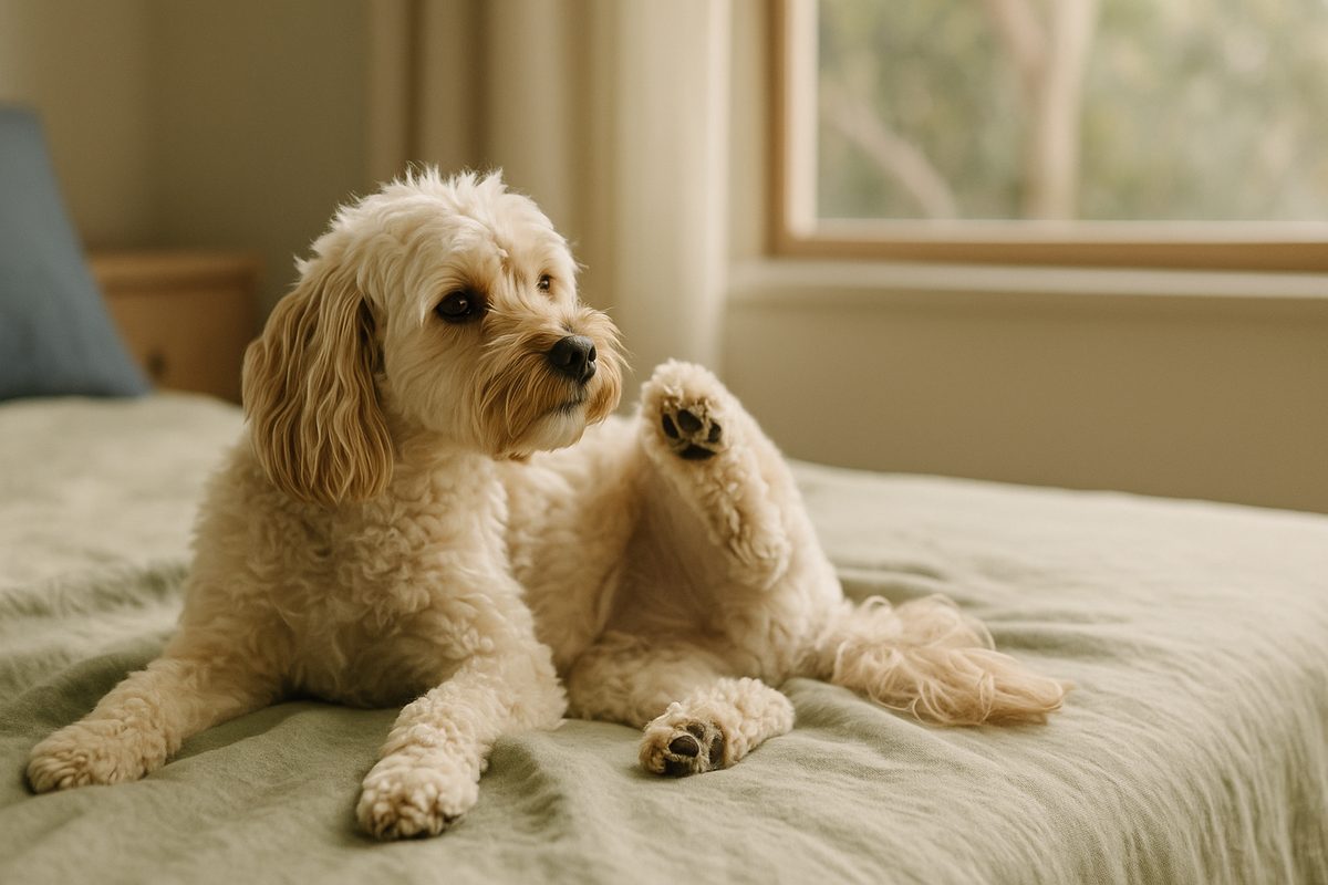 A calm Cavoodle on a soft sage blanket scratching gently with one hind leg in soft natural light