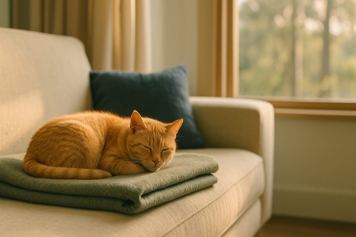 A small ginger cat curled on a folded sage blanket, eyes half-closed, late afternoon sun across the floor