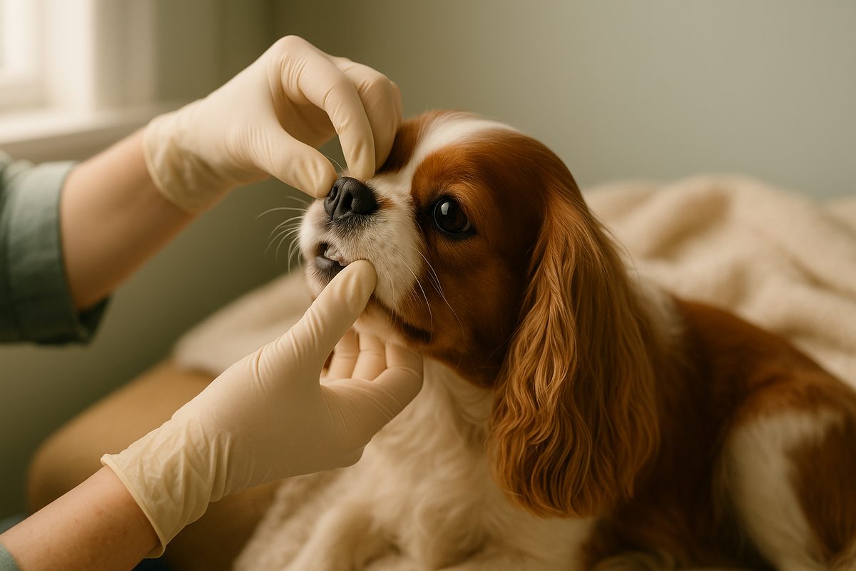 A vet's gloved hands gently lifting the lip of a calm Cavalier King Charles Spaniel to inspect the teeth in soft window light