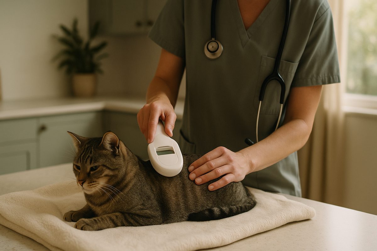 A vet's hands gently scanning a calm tabby cat on a soft cream blanket with a small handheld microchip scanner