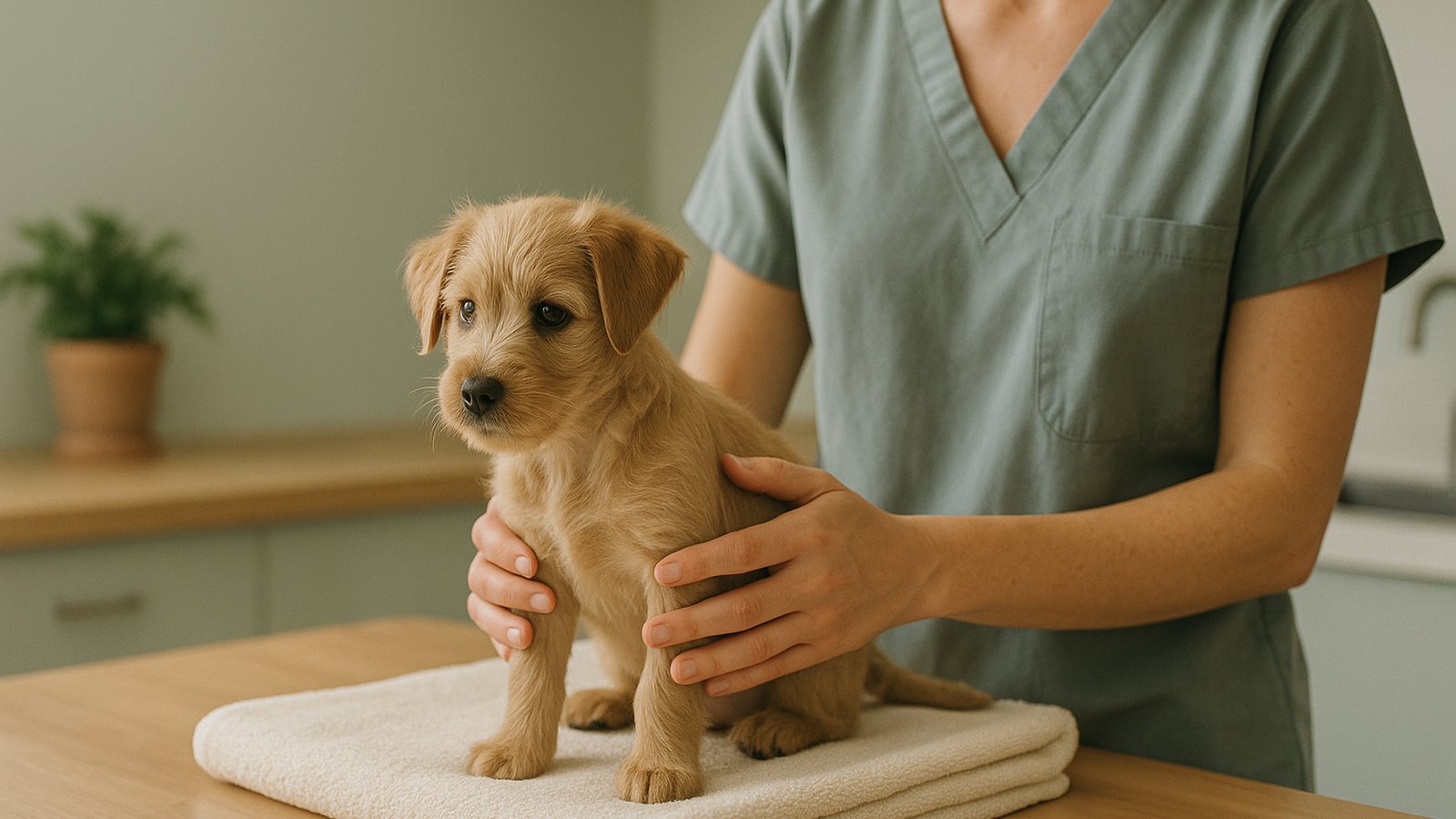 A small puppy on an exam table being gently steadied by a vet nurse's hands