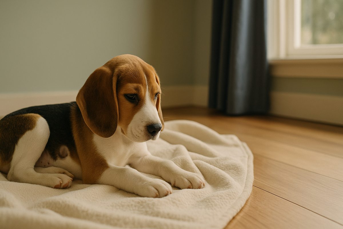 A young Beagle puppy on a cream blanket with a small circular bald patch visible on the side, soft daylight