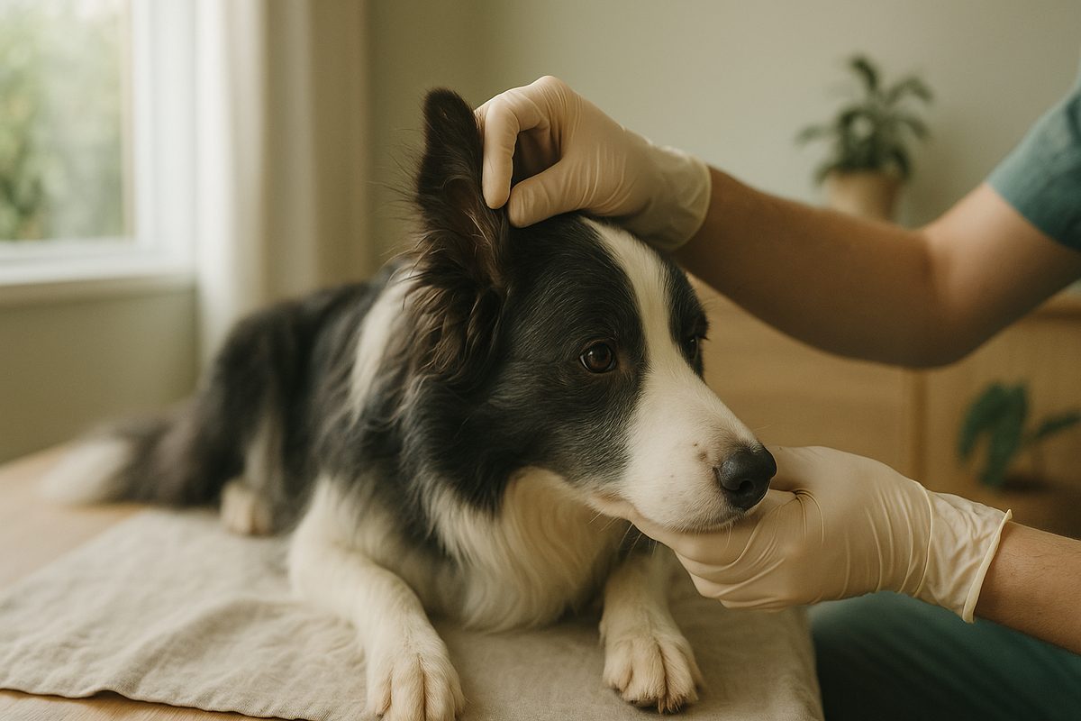 A vet's gloved hands parting fur behind a calm Border Collie's ear, searching for ticks in soft daylight