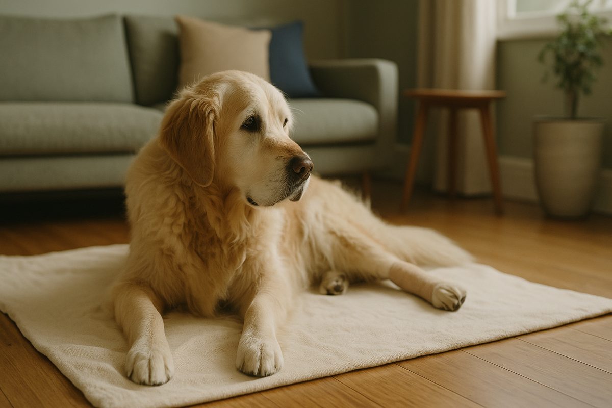 A calm older Golden Retriever lying on a cream blanket with one hind leg gently bandaged, soft natural light