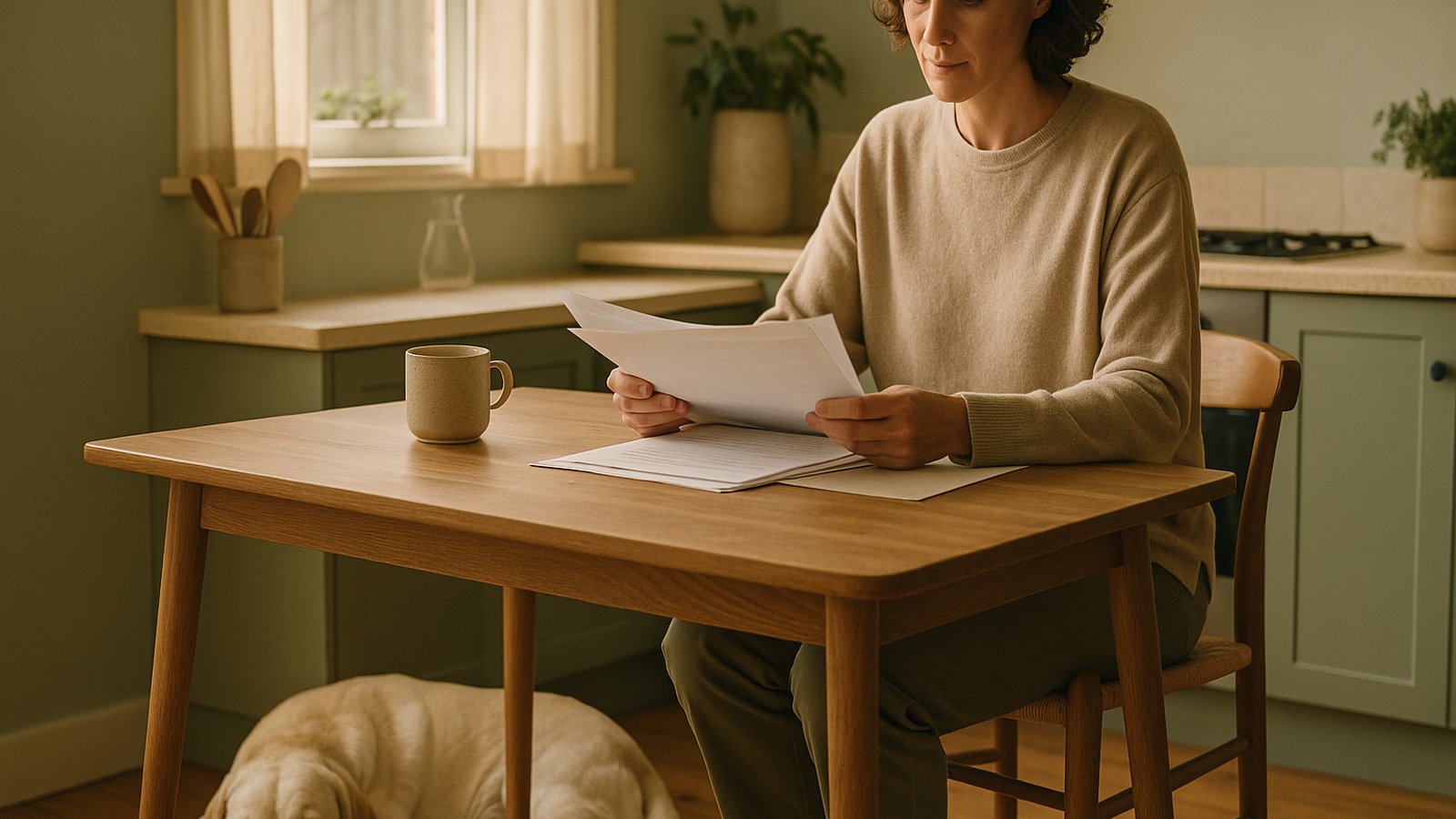 A person at a kitchen table reviewing paperwork with a calm Labrador asleep at their feet