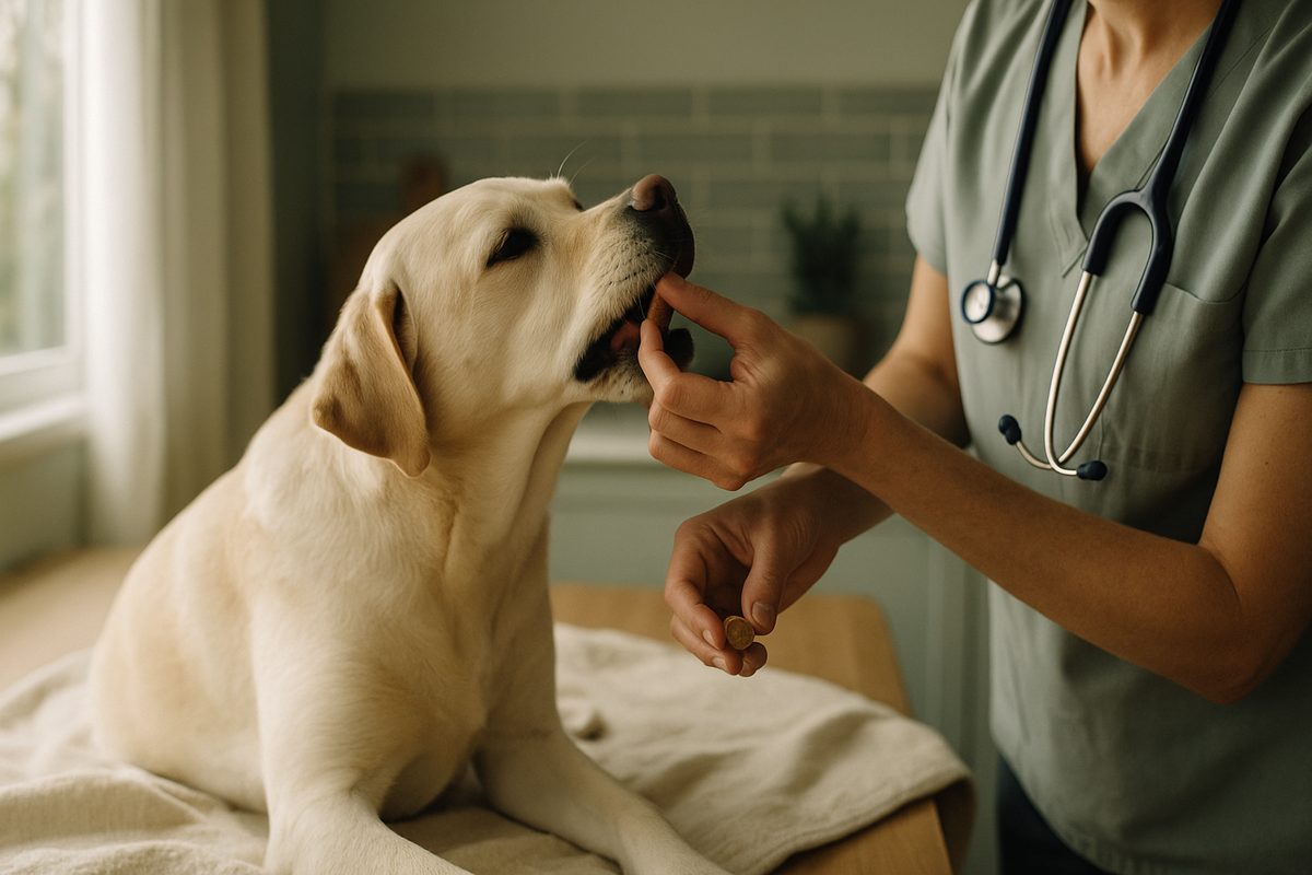 A vet's hands gently giving a chewable wormer to a calm Labrador on a wooden bench, soft window light