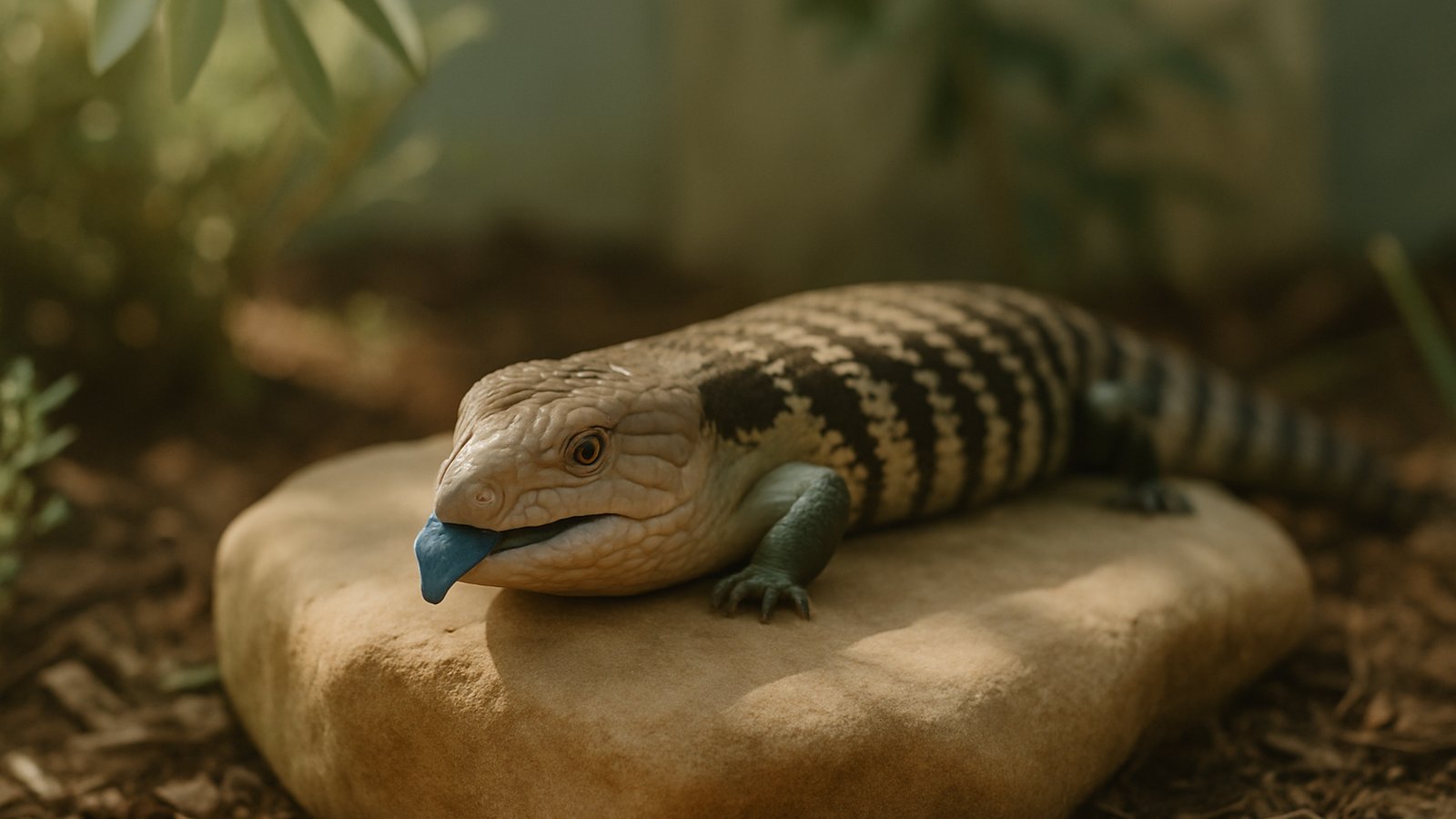 A blue-tongue lizard on a warm sandstone rock in dappled light