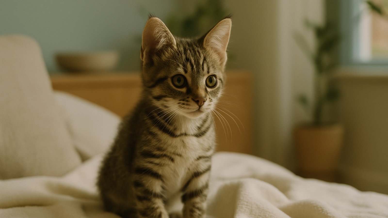 A curious tabby kitten on a soft blanket with alert eyes