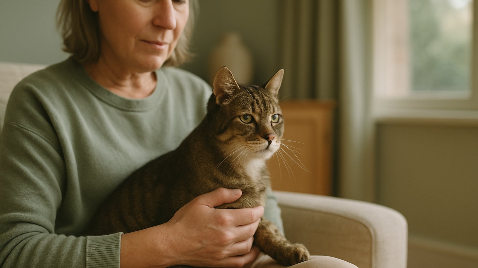 An older cat being gently held by an owner at home in soft natural light