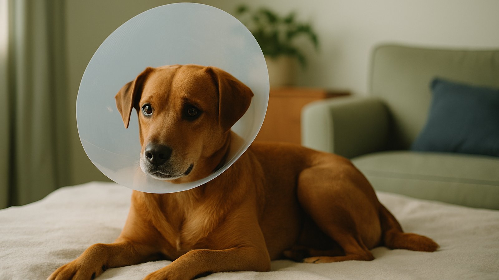 A medium brown dog wearing a clear plastic recovery cone, lying on a soft blanket
