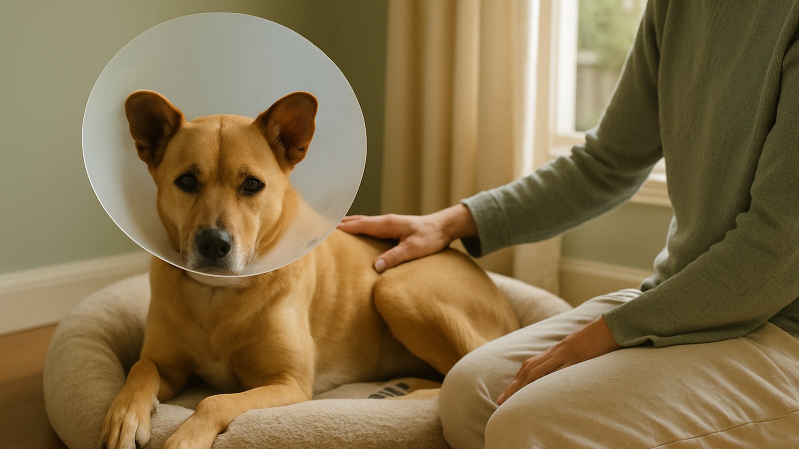 A dog wearing a recovery cone, lying in their bed, with a person's hand resting gently on their back