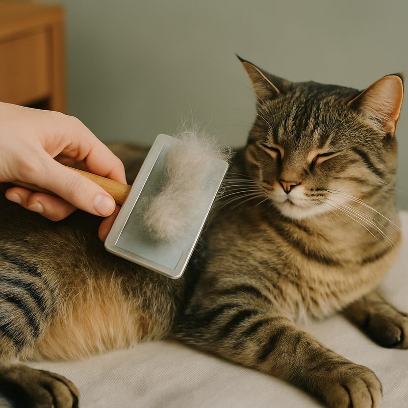 A slicker brush gathering long fur from a cat's flank