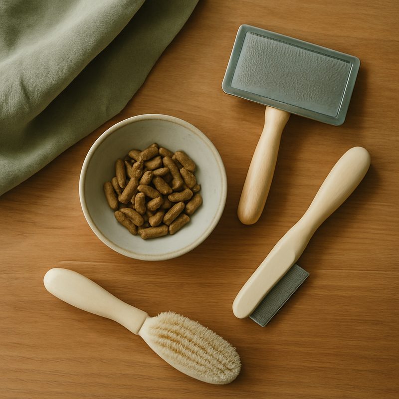 Top-down arrangement on warm timber of feline grooming tools and a small dish of fibre-rich cat food