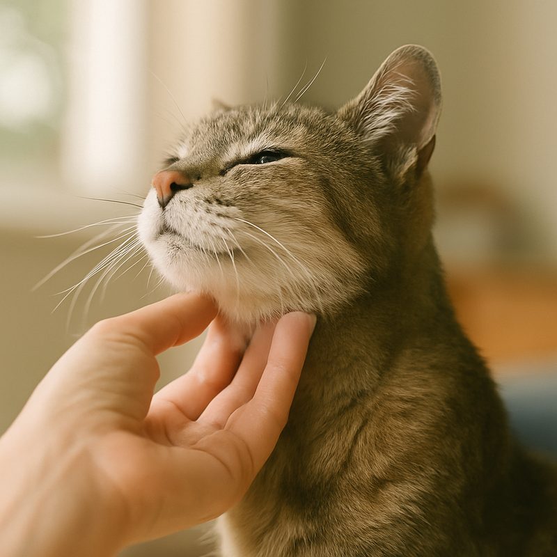 A hand gently lifting the chin of a senior cat to feel the throat