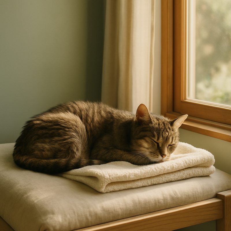 A senior cat curled asleep on a soft cream blanket beside a sunlit window