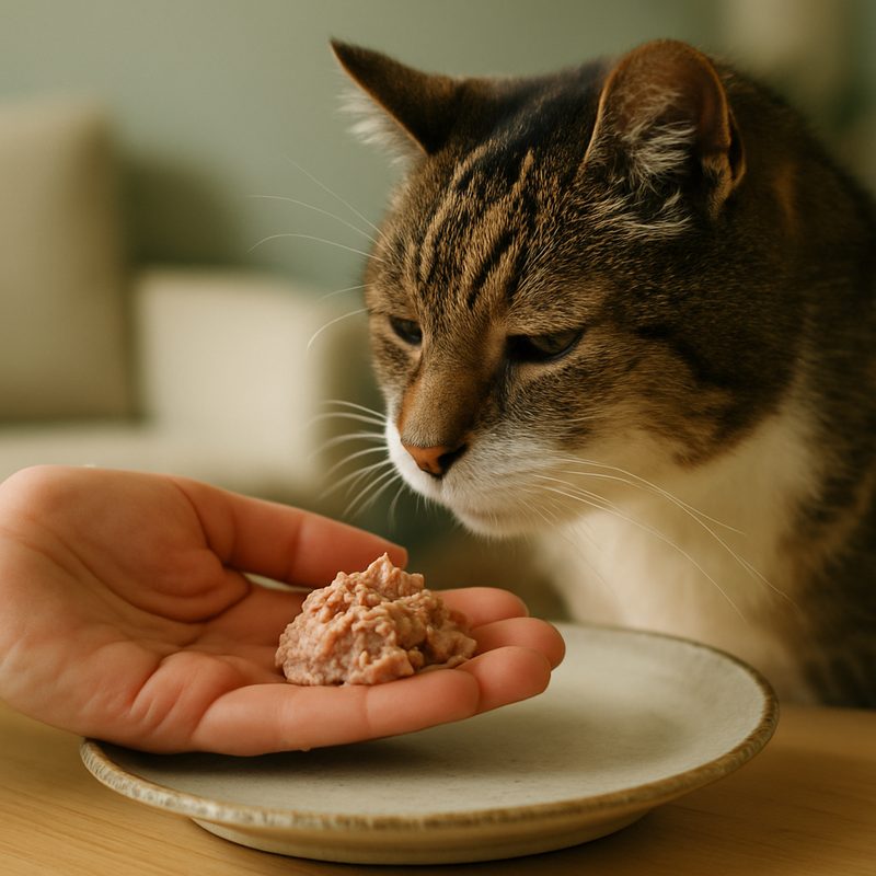 A hand offering a small handful of water-rich wet food on a worn ceramic plate to a senior cat