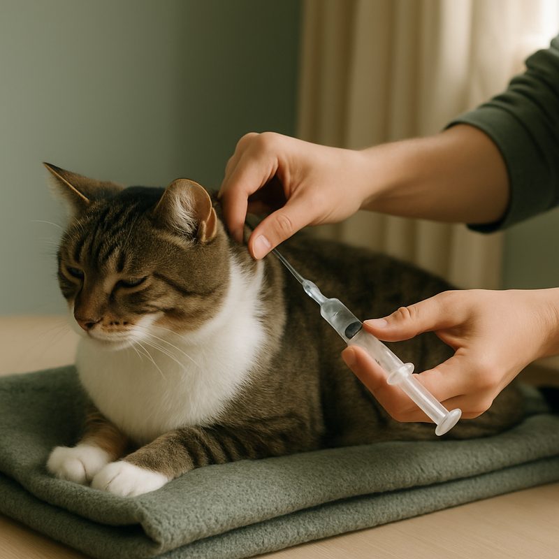 An owner's hand gently administering subcutaneous fluids under the loose skin of a calm cat's shoulder