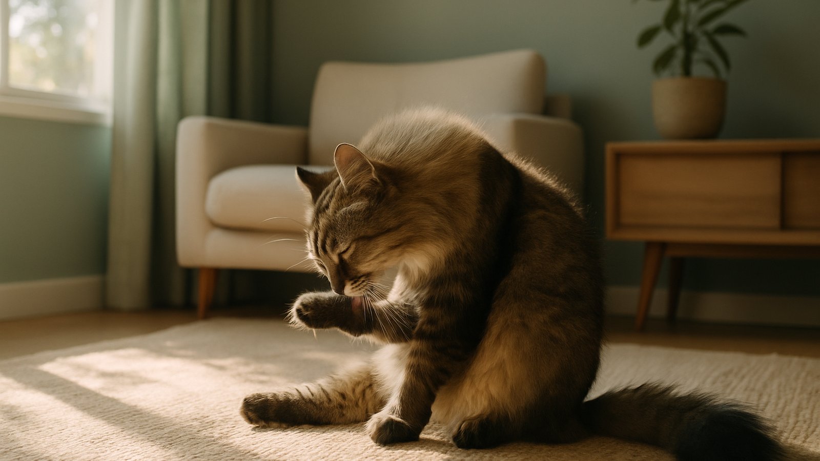A long-haired cat grooming itself in a sunbeam, peaceful