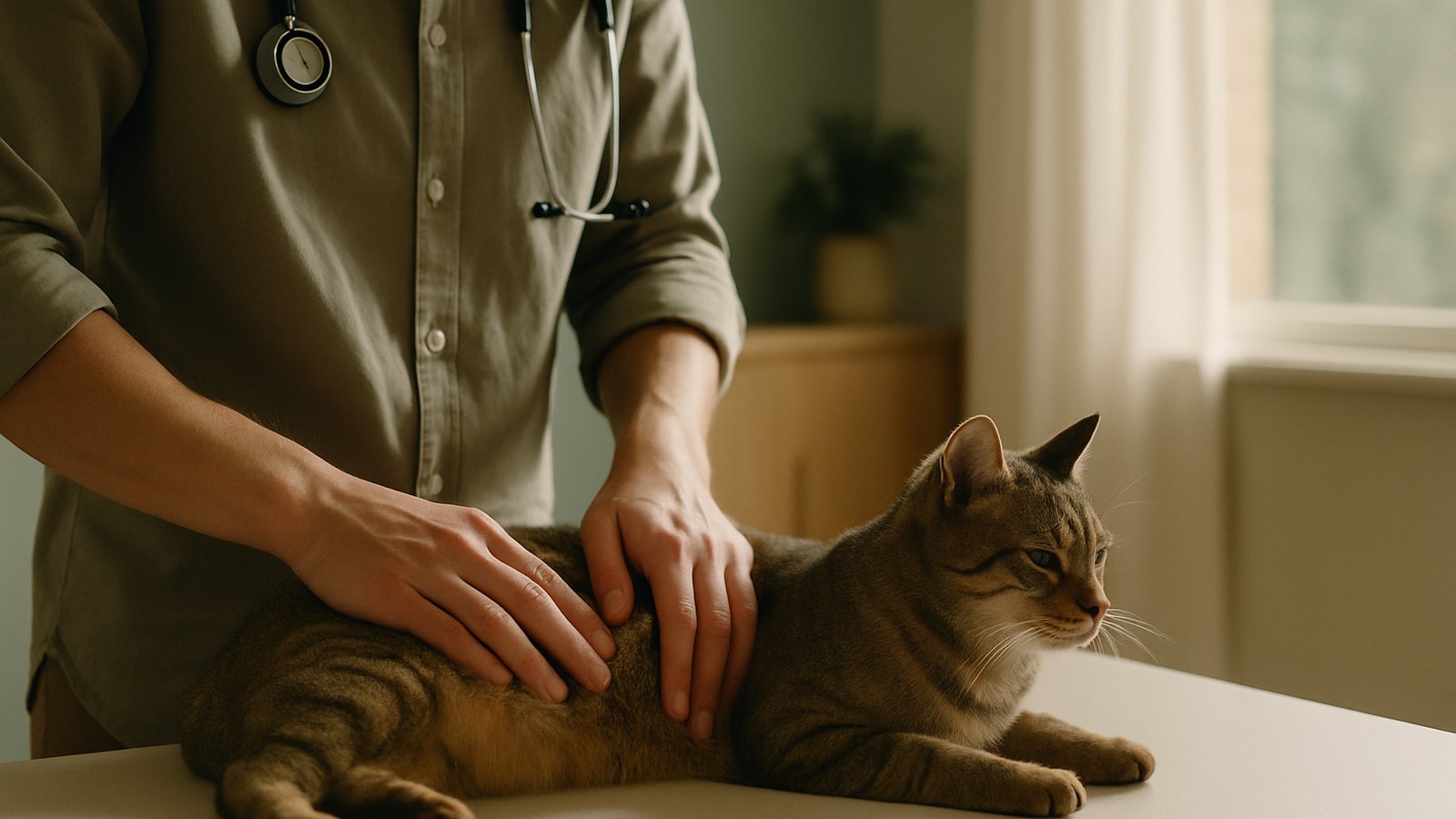 A vet's hands gently feeling a cat's abdomen on an exam table