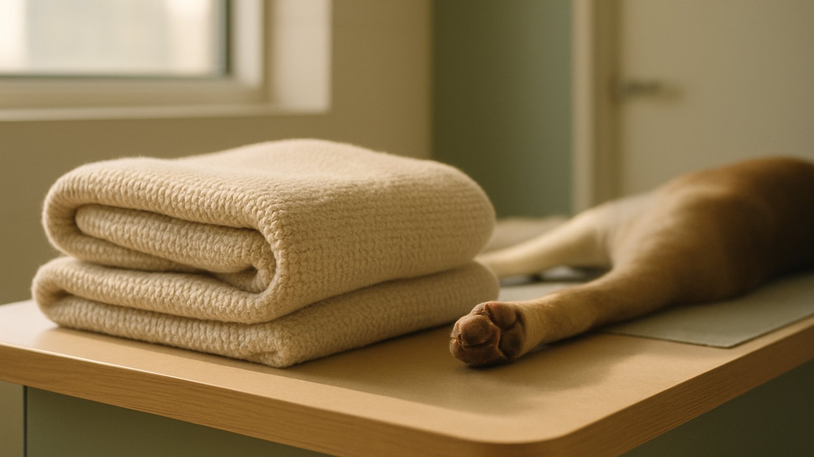 A folded blanket and a sleeping pet's paw at rest on an exam surface