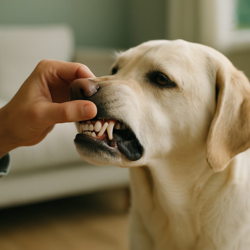 A close view of a person's hand gently lifting the lip of a calm Labrador to reveal teeth and gums in soft natural daylight