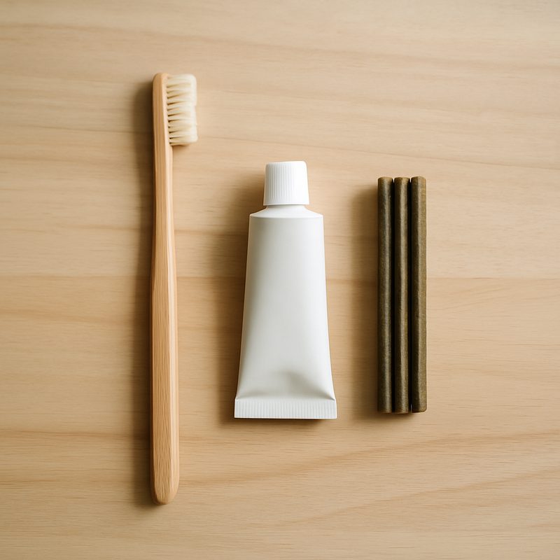 A small selection of dog dental products on warm timber: a long-handled toothbrush, a tube of enzymatic toothpaste, a dental chew