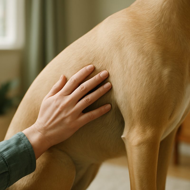 A gentle hand feeling the side of a deep-chested dog's abdomen