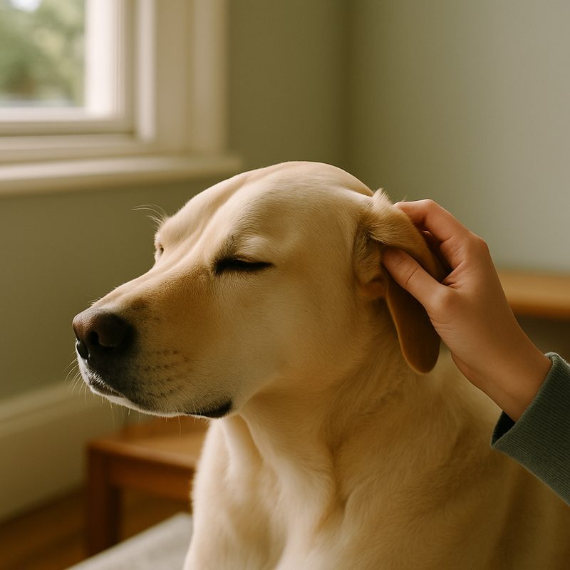 An owner's hand gently scratching behind the ears of a calm large-breed dog