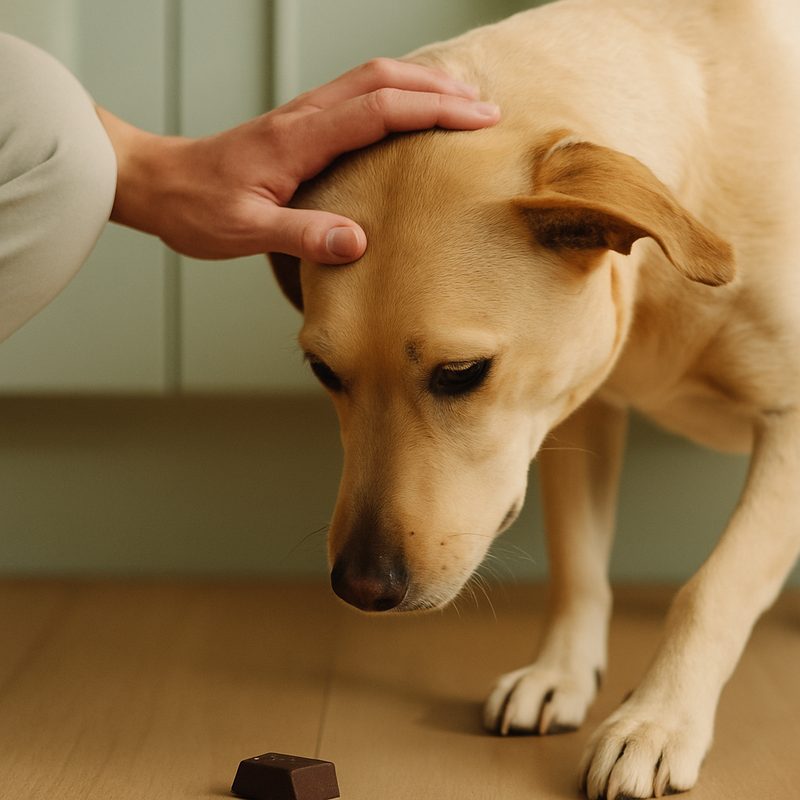 A gentle hand holding back a calm dog from approaching a piece of fallen chocolate on a kitchen floor