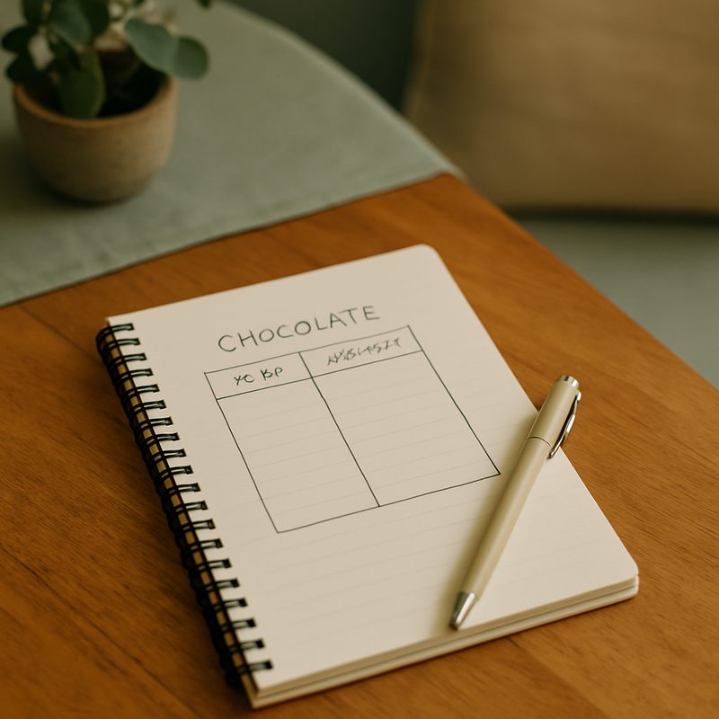 An open notepad on warm timber with a sketched calculator-style table for chocolate type and weight