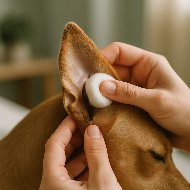 A gentle hand holding a cotton ball to clean the visible part of a dog's outer ear