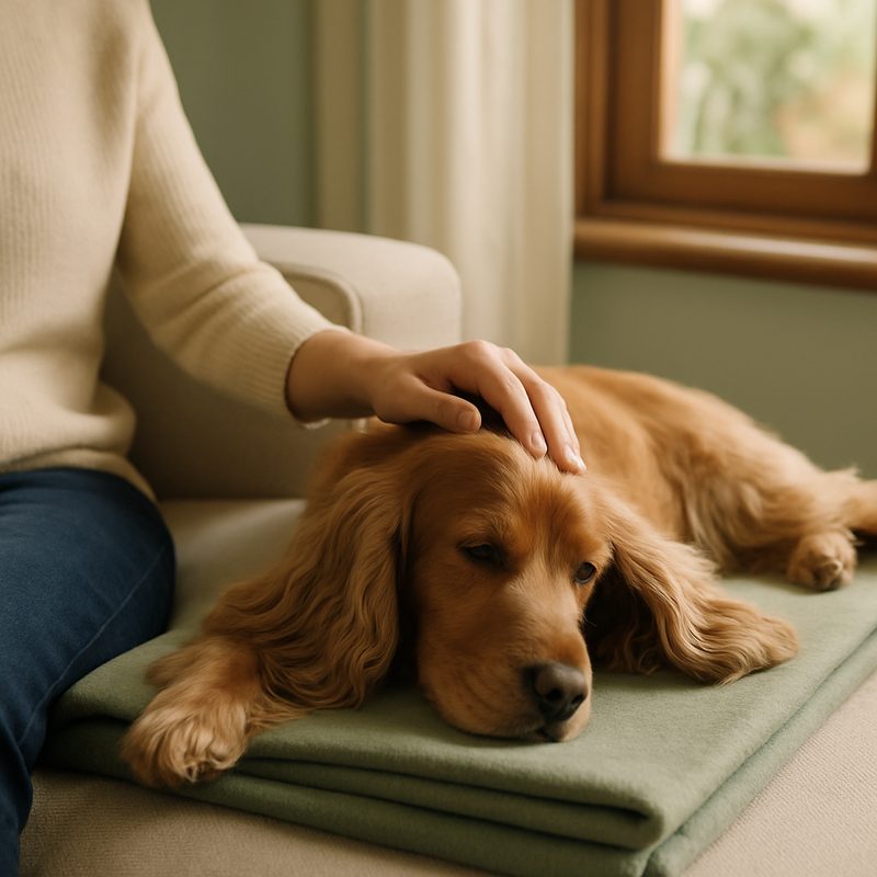 A Cocker Spaniel lying on its side on a folded sage blanket, owner's hand resting gently on its head